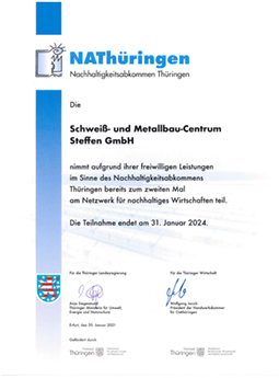 Schweiß- und Metallbau-Centrum Steffen GmbH - Zertifikat zum Nachhaltigkeitsabkommens Thüringen